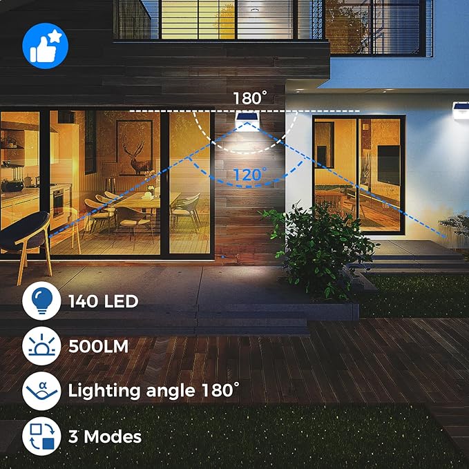 Peasur Solar Powered Lights Outdoor Motion Sensor, 2 Pack 140 LED Fence Light Waterproof, White Frame Security Wall Lighting for Outside Deck Yard Patio House Step Peasur