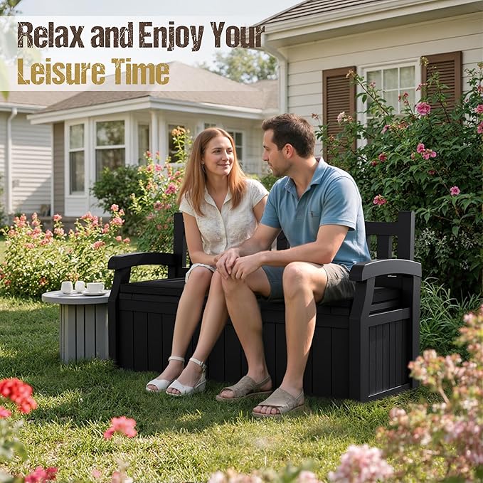 80-Gallon Outdoor Storage Bench with Cushion, Lockable Waterproof Deck Box with Armrests for Patio, Garden, Pool, Black Acurax