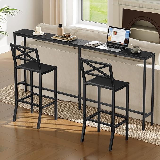 Bar Stools, Set of 2 Bar Chairs with Backrest and Footrest, 26" Tall Counter Bar Stools, Kitchen Breakfast Bar Chairs, Easy Assembly, for Dining Room, Black BAHB0901N1 MAHANCRIS