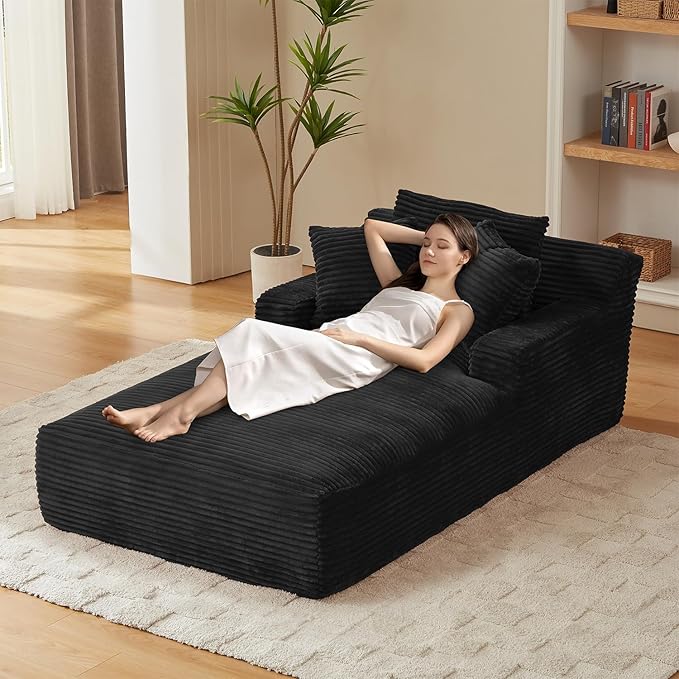 80 Inch Chaise Lounge Chair Indoor, Oversized Corduroy Upholstered Boneless Sofa Bed, Deep Seat Sleeper Couch Reading Chairs, Cloud Sofas Couches for Living Room, No Assembly Required (Black) HANXIN