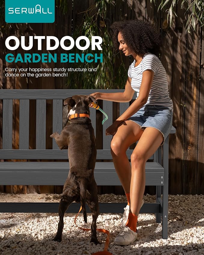 SERWALL Outdoor Bench, HDPE Outdoor Benches Weatherproof, 2-Person Garden Bench with 660 lbs Weight Capacity, Patio Benches for Outdoors, Garden, Porch, Backyard and Park, Grey SERWALL