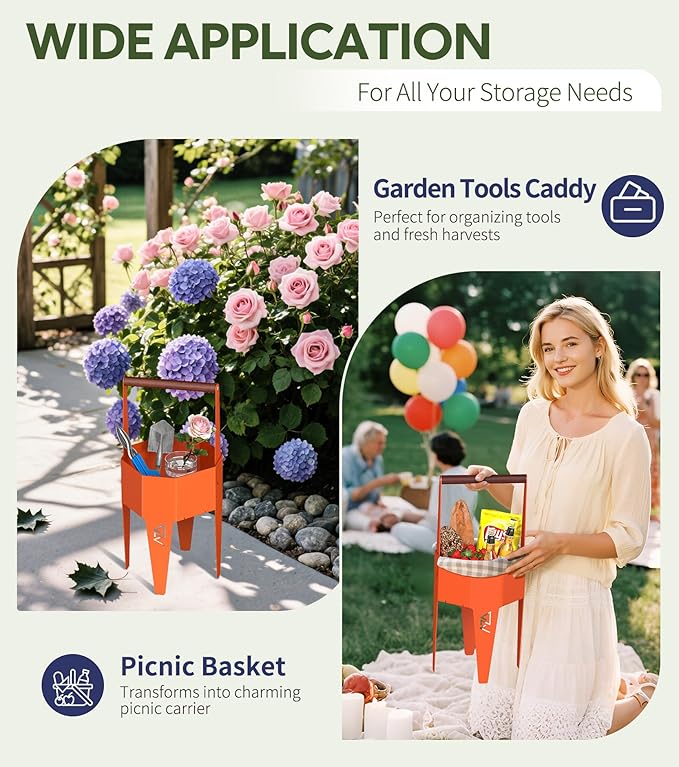 Planter with Stand, Metal 2 in 1 Portable Planter with Grow Bags & Handle, Stable Stylish Indoor Plant Pots with Stand, Modern Plant Stand Indoor, 7.5'' x 17.3'', Orange, Plant Not Included SculptingLightGarden