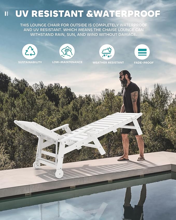 SERWALL Patio Chaise Lounge Chair Set of 6, 5 Positions Adjustable Poly Outdoor Lounger for Pool, HDPE Lounge Chair with Rolling Wheels & Cup Holder for Poolside, Deck, White SERWALL
