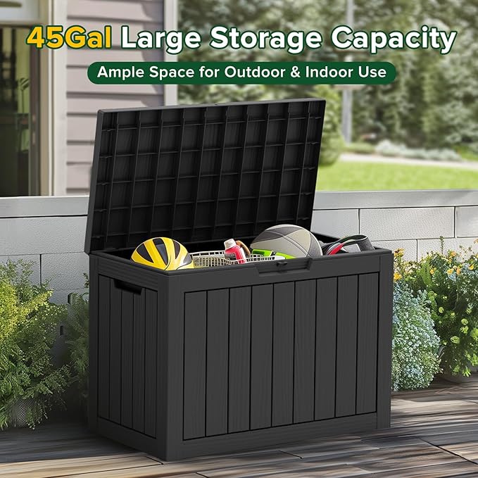 TARKARI 45 Gallon Lockable Resin Deck Box, Waterproof & UV-Resistant Outdoor Storage Box for Outdoor Cushion Storage, Garden Tools & Pool Accessories Storage, Black Home