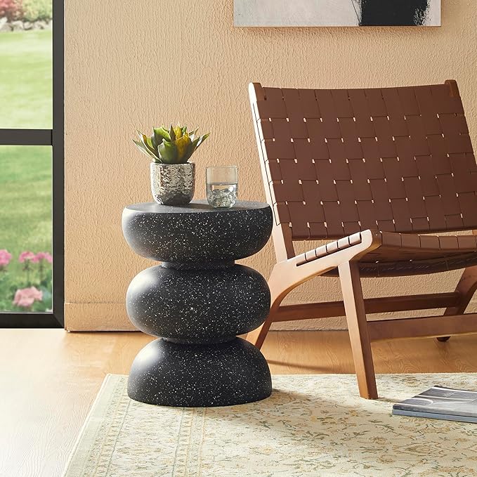 Glitzhome Outdoor Side Table, 18" H Decorative Garden Stool MGO Faux Terrazzo End Table, Heavy Duty Indoor Outdoor Round Planter Stand for Living Room Bedroom Patio Deck Poolside,Black Glitzhome