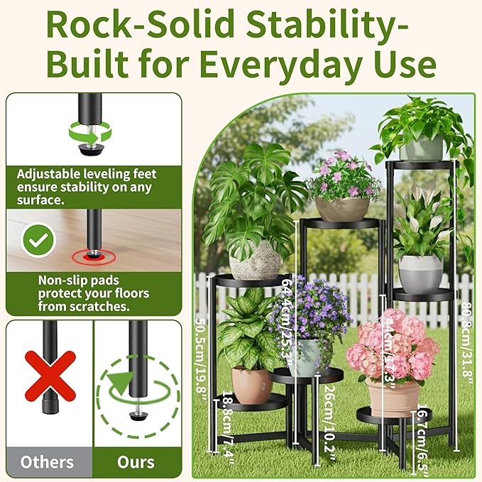7 Tiered Metal Corner Plant Stand Indoor Outdoor, Tall Large Folding Rack with Rust Proof 7.9 Inch Wide Tray, Heavy Duty Flower Shelf for Multiple Plants for Patio - BlackDisk Rootora