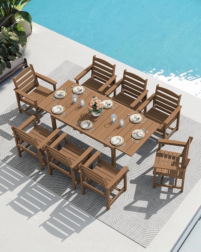 SERWALL 7-Piece Patio Dining Sets, 60" - 83" Expandable Outdoor Dining Table and 6 HDPE Chairs, All Weather HDPE Outdoor Furniture Set for Backyard, Garden, Brown SERWALL