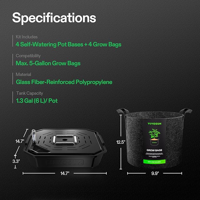VIVOSUN 4-Pack FlexFeed Self-Watering Pots with Grow Bags, Auto Irrigation Fabric Pot Base with Water Meter & Maintenance Window, for Use Indoors/Outdoors in Grow Tents, Greenhouses, Gardens VIVOSUN