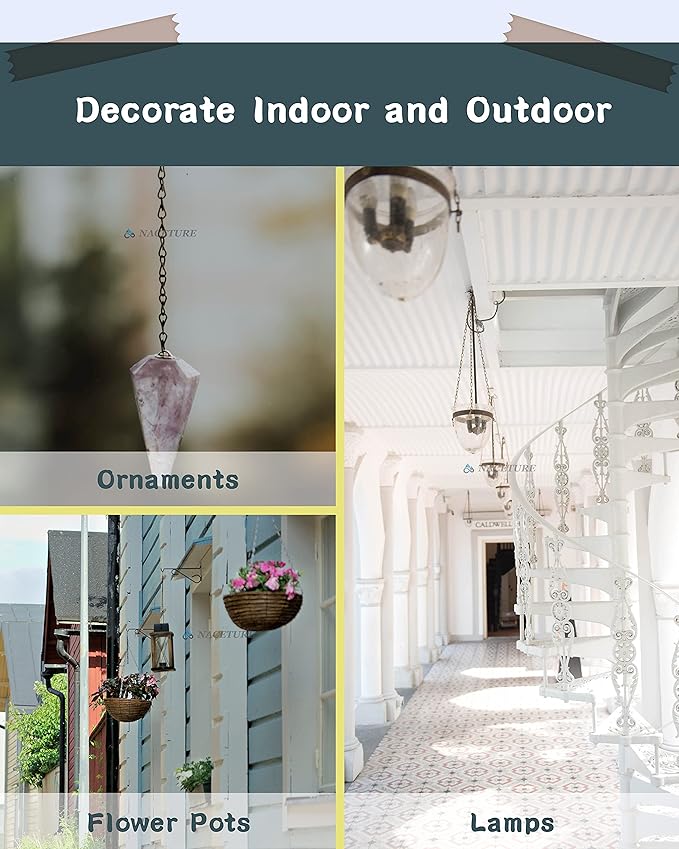NACETURE Ceiling Hooks for Hanging Plants 3 Pack - Plant Hanger Indoor Hanging Hooks Metal Plant Bracket Iron Lanterns Hangers for Wind Chimes (White 3 Pack + Chain) NACETURE
