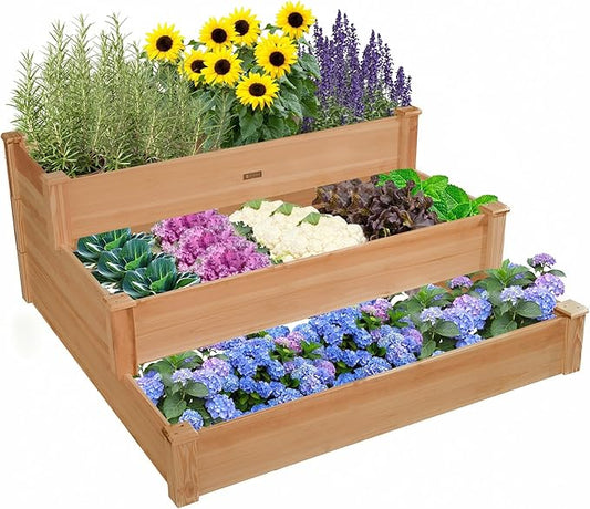 3-Tier Raised Garden Bed with Fabric Liner, Wood Elevated Planter Box with Dovetail Joint Design, 3 Dividable Bed Kit for Vegetables/Herbs/Flowers, Outdoor Gardening for Patio, Lawn, Balcony ZSYWODFO