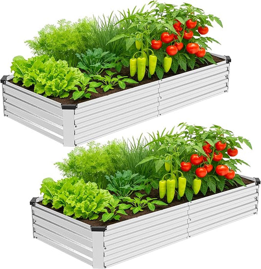 2 Pack 6x3x1FT Galvanized Metal Raised Garden Bed Kit for Vegetables, Herbs, Open-Bottom Large Capacity Outdoor Planter Box Gardening Stakes, Silver Rootora