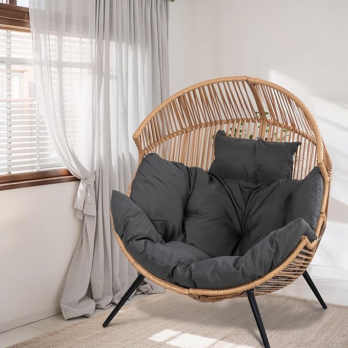 Shintenchi Wicker Egg Chair Rattan Patio Chair with Cushion,Oversized Patio Lounge Chairs with Cushion Egg Basket Chair, Egg Seat for Indoor Living Room Bedroom Outside,Grey Shintenchi
