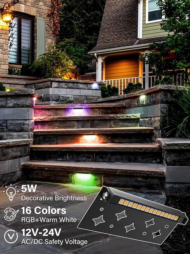 5W RGB Retaining Wall Lights 7 inch LED Hardscape Lighting Color Changing Low Voltage Landscape Paver Lights 12V Step Lights Outdoor Waterproof Stair Deck Lighting (12 Pack+Connectors) DOREIO
