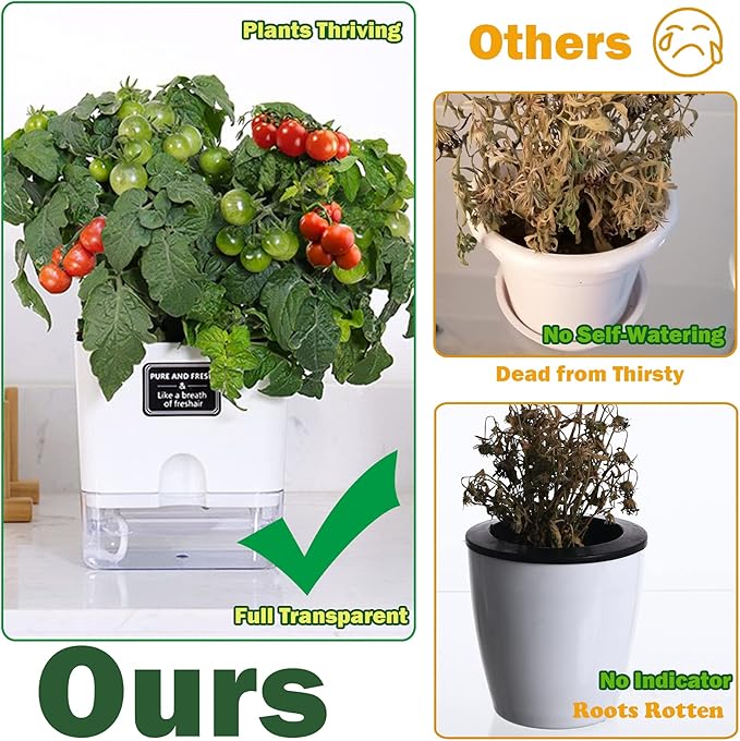Planterhoma Self Watering Plant Pots for Indoor Plants 7/10 inch, 4 Packs Square Self-Watering Planters with Drainage Hole, White African Violet Pots for Devil's Ivy, Spider Plant, Orchid Planterhoma