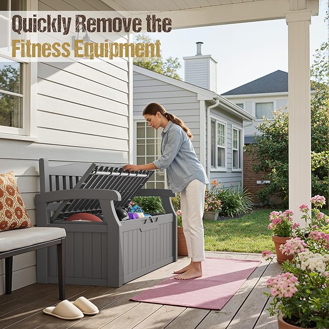 80-Gallon Outdoor Storage Bench, Waterproof Deck Box with Lockable Lid & Armrests for Patio, Garden, Pool, Gray Acurax