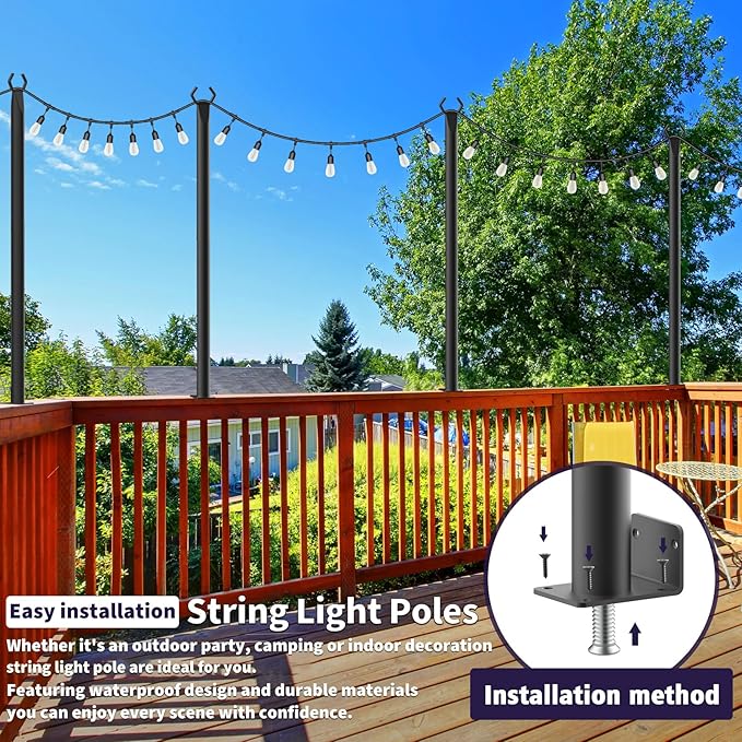 AILBTON 4.8Ft String Light Poles 6 Pack,Light Poles for Outside Lights,Outdoor with Fence Brackets Hanging Lights,Metal Stand Deck Patio Backyard AILBTON