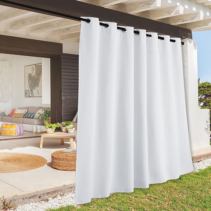 RYB HOME Extra Wide Outdoor Curtains for Patio Waterproof Heavy Duty Thermal Insulated in Summer Full Coverage Privacy for Porch, Gazebo & Pergola, W100 x L84, Greyish White, 1 Panel RYBHOME