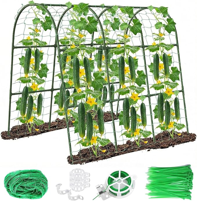 U-Shape Cucumber Trellis for Raised Bed - 47"x47"x22" Metal Garden Trellis with Net & Clips | Rust-Proof Plant Support for Cucumber, Tomato, Peas | Heavy-Duty Outdoor Climbing Plants Trellis Eunice