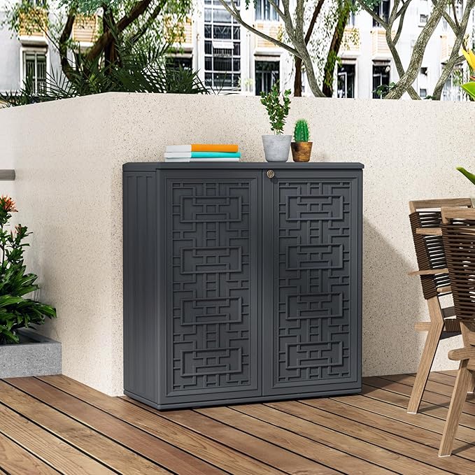 Storage Box Outdoor Caninet,Resin Indoor Storage Box Waterproof Outdoor Storage Cabinets for Patio/Garden/Backyard, Size 34.3''L*15''W*36.2''H(Grey) Mrosaa