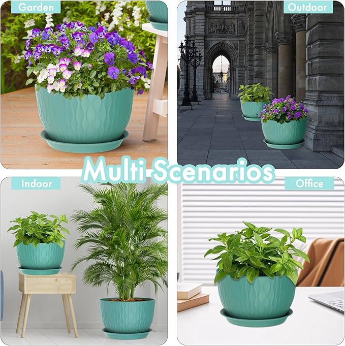 12 Inch Large Plant Pots for Indoor or Outdoor Plants, Wide Water Ripples Flower Pots with Drainage Holes & Saucer, Plastic Planters Set for Garden & Home Decor (Blue Green) WSMKSZ
