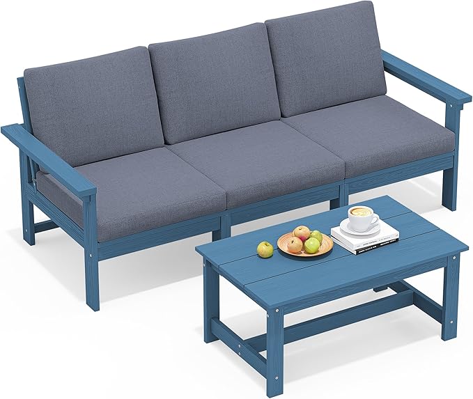 SERWALL HDPE Patio Sofa Set, 4-piece Outdoor Sectional Furniture Set, All Weather Outdoor Couch Set Patio Furniture Set for Deck, Lawn, Blue Frame with Grey Cushion SERWALL