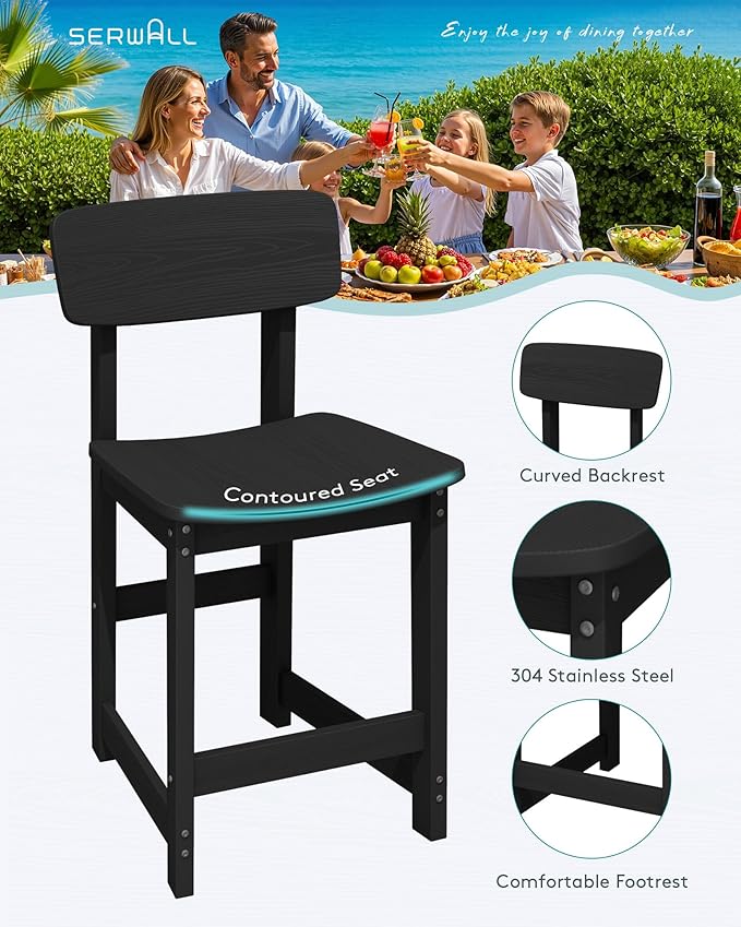 SERWALL 3-Piece Outdoor Counter Height Bar Set, HDPE Patio Bar Table with Wine Rack & Storage Shelf, 2 All-Weather Bar Stools, Patio Bar Dining Furniture Set for 3, Black SERWALL