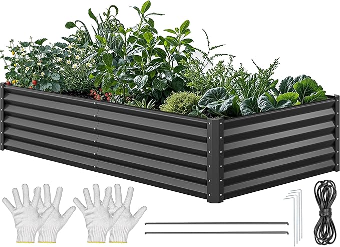 YITAHOME 8x4x1.5 ft Galvanized Raised Garden Bed Kit, Large Metal Planter Box with Gloves, Safety Rubber & Support Rod, Outdoor Flower Bed for Plants Vegetables, Green YITAHOME