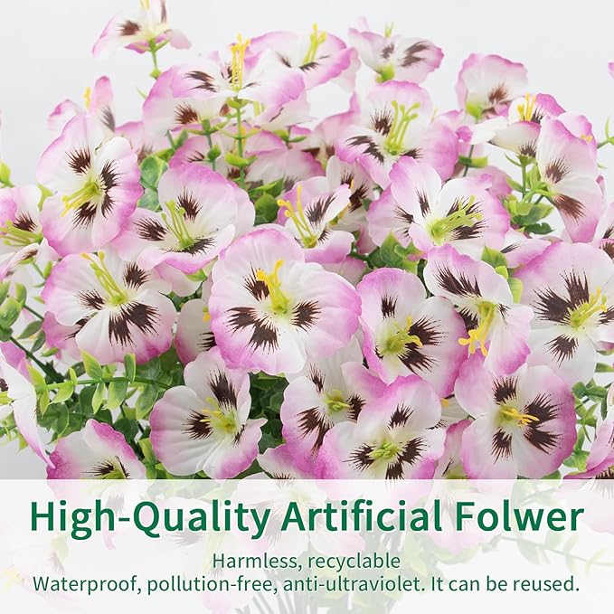 12 Bundles Artificial Pansy Flowers for Outdoor, Faux Silk Pansies Spring Flowers for Outside for Planter Front Door Porch Patio Yard Window Box Home Decor (Pink) Griine