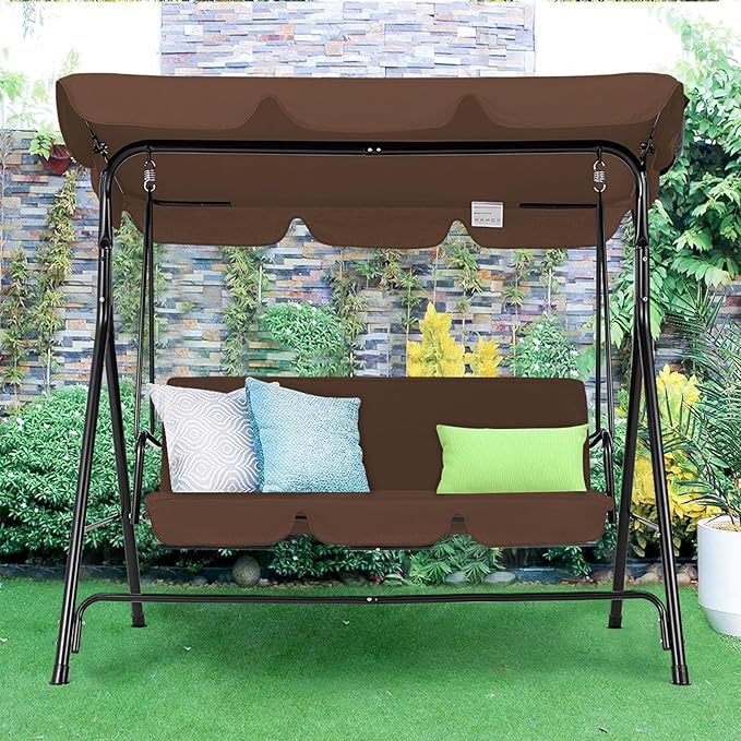 AECOJOY Porch Swing with Stand. 3-Seat Outdoor Clearance Porch Swings for Adults, Outdoor Patio Swing with Adjustable Canopy & Removable Cushion for Backyard, Garden, Yard, Poolside, Balcony (Brown) AECOJOY