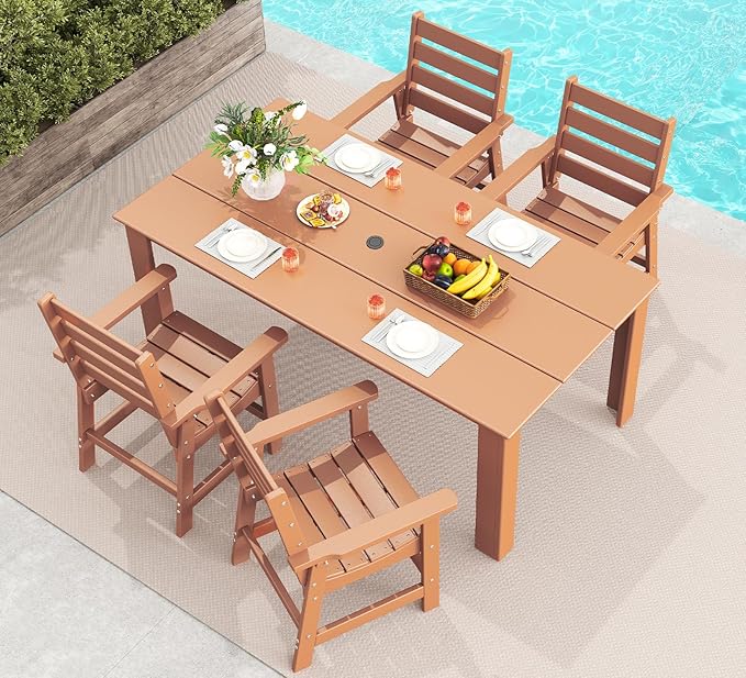GREENVINES 5-Piece Outdoor Dining Set | HDPE | Patio Table and Chairs Sets for 4 | Patio Furniture | All Weather | Umbrella Hole | Teak | for Backyard Poolside Garden GreenVines