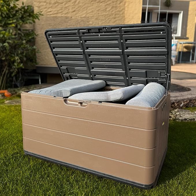 TARKARI Premium Pro Edition 100 Gallon Lockable Resin Deck Box, Waterproof & UV-Resistant Outdoor Storage Box for Outdoor Cushion Storage, Garden Tools & Pool Accessories Storage, Brown Home