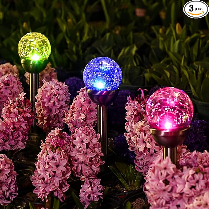 GIGALUMI Solar Outdoor, Cracked Glass Ball Solar Garden Lights, Color Changing Lights Outdoor,Garden LED for Path, Patio, Yard, 3 Pack Pathway GIGALUMI