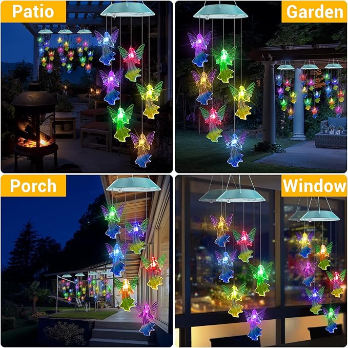 Toodour Solar Wind Chimes, Color Changing Angel Wind Chimes, LED Decorative Mobile, Gifts for Mom Grandma, Waterproof Outdoor Decorative Lights for Garden, Patio, Yard, Window Outdoor Decor Toodour