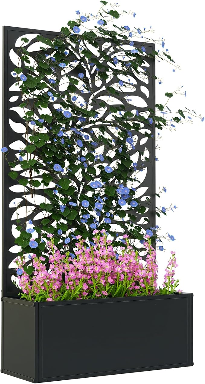Outsunny Metal Raised Garden Bed with Trellis for Climbing Plants, Freestanding or Wall Mounted Flower Bed with Privacy Panel, Leaves Cut-Outs Outdoor Planter Box for Garden, Patio, Balcony Outsunny