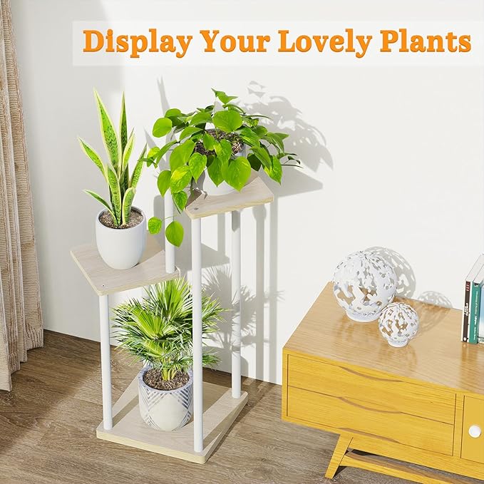 3 Tier Plant Stand Indoor Outdoor, Metal Wood Tiered Corner Plant Stands Pot Holder, Wood Flower Shelf Orchid Display Rack for Living Room Bedroom Balcony Garden Patio, Modern White Oppro