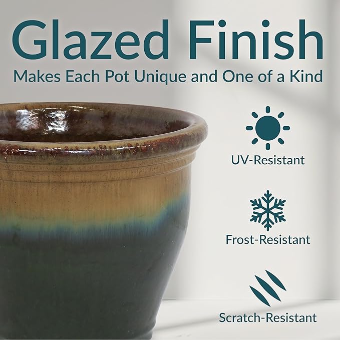 Sunnydaze Large Ceramic Plant Pot - Round Outdoor Glazed Ceramic Planter Pot with Drainage - Studio - Forest Lake Green - 14.5" SunnydazeDecor
