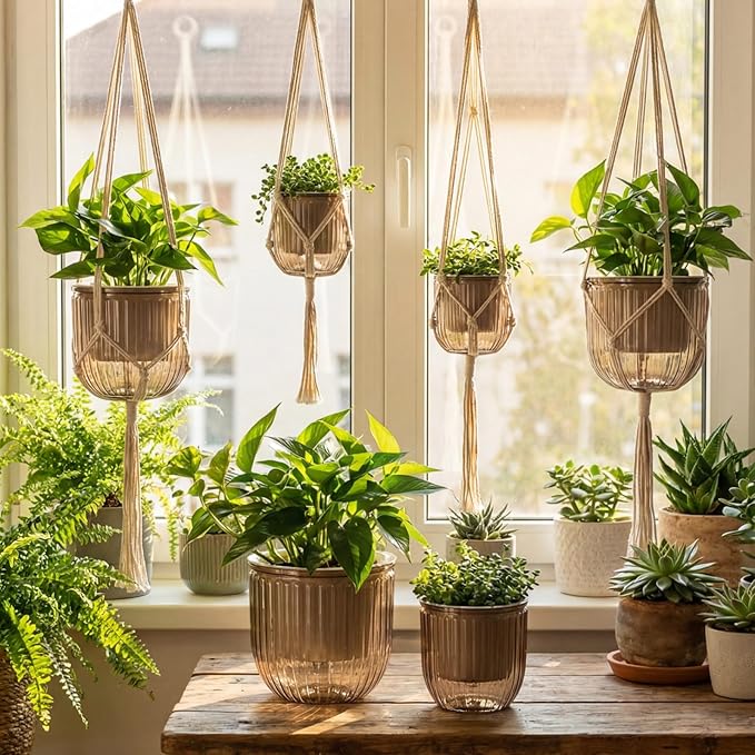 6 Pack Self Watering Hanging Planters Indoor Flower Pots(4.5 +6.5) Visible Water Level Markers 3 Hanging Ropes with Drainage Holes for Indoor Outdoor Garden Home Decor Supplies(Grey) Yiyiring