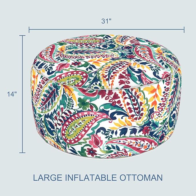 LVTXIII Indoor/Outdoor Extra Large Inflatable Ottoman Pouf D31 x H14 Inch, Round Footstool with Handle, Weather-Resistant Portable Furniture for Patio, Camping, Beach, Vigour Paisley LVTXIII