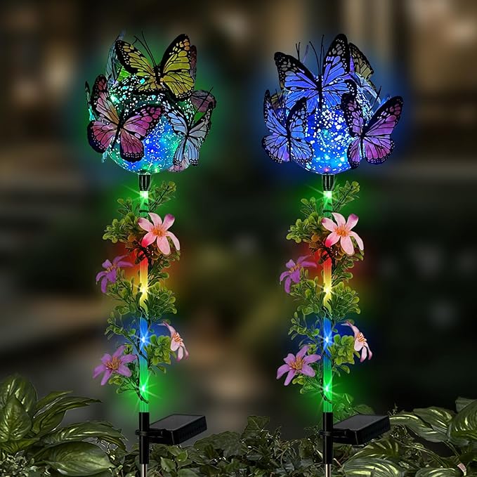 Solar Lights Outdoor Pathway,2 Pack Butterfly with Ball Garden Stakes,Colorful Twinkle Fairy Lights Decorations Outdoor for Yard,Lawn,Spring HokfirmHomeDecorGarden