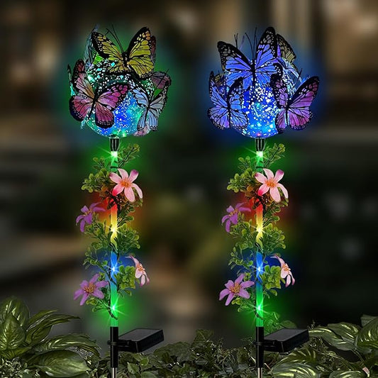 Solar Lights Outdoor Pathway,2 Pack Butterfly with Ball Garden Stakes,Colorful Twinkle Fairy Lights Decorations Outdoor for Yard,Lawn,Spring HokfirmHomeDecorGarden