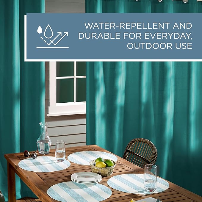 TOWN & COUNTRY BASICS Cabana Solid Heavyweight Indoor Outdoor Curtains, Light Filtering Opacity with Grommet Top, Water Repellent, 2-Pack Set, 54"x108", Dark Teal TOWN+%26+COUNTRY+BASICS