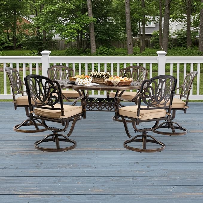 7-Piece Cast Aluminum Patio Furniture, Patio Dining Set for 6 Include 54" Round Outdoor Dining Table and 6 Swivel Chairs with Cushions & Umbrella Hole (Bronze) Rootora