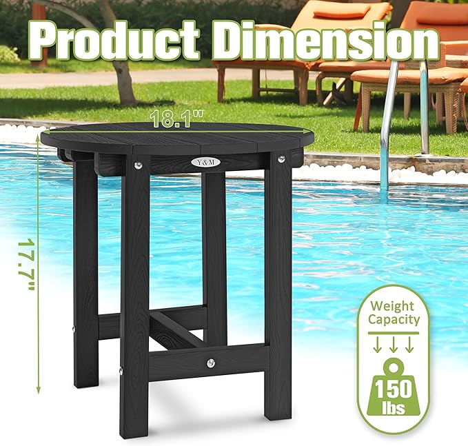 Y&M Outdoor Side Table, Waterproof Four-Legged Round Entryway End Table, Single-Tier HDPE Modern Small Coffee Nightstand for Bedroom, Living Room, Patio, Indoor or Outdoor Use, Black YM