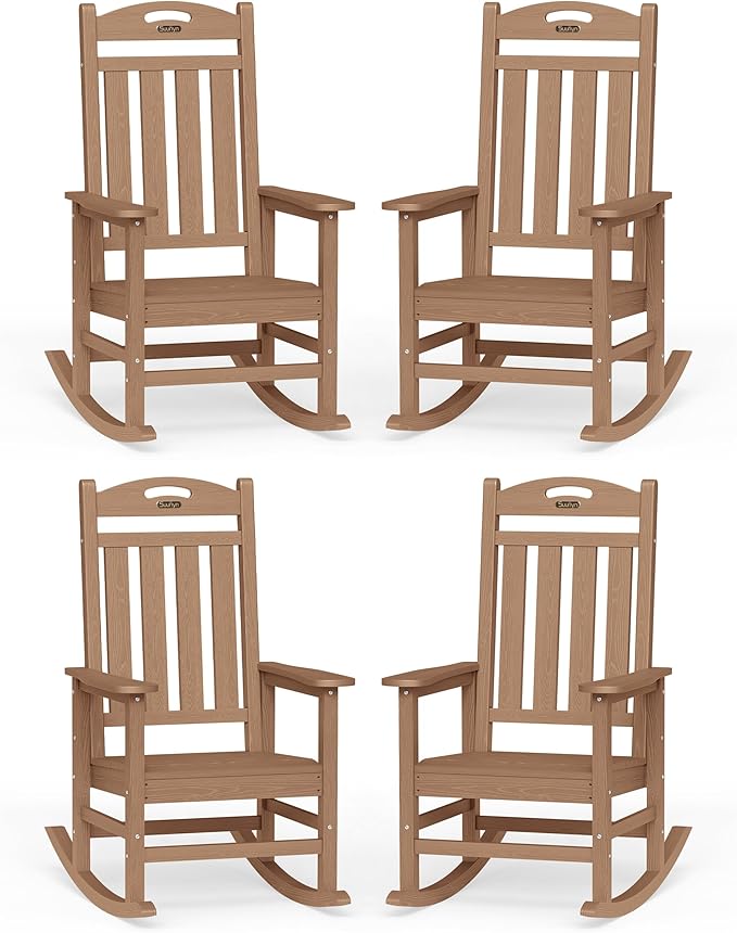 Oversized Outdoor Rocking Chairs Set of 4, High Back Porch Rocker Chair, HDPE All Weather Resistant Rocking Chairs for Patio,380lbs Weight Capacity, Teak Suunyn