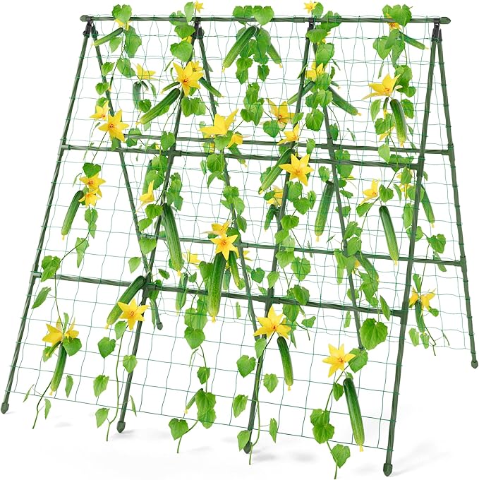 Miory Cucumber Trellis for Raised Beds, 48 x 48 Inch Metal A-Frame Garden Trellis for Climbing Plants Outdoor with Climbing Net, Plant Support for Cucumber Tomato Bean Pea Miory