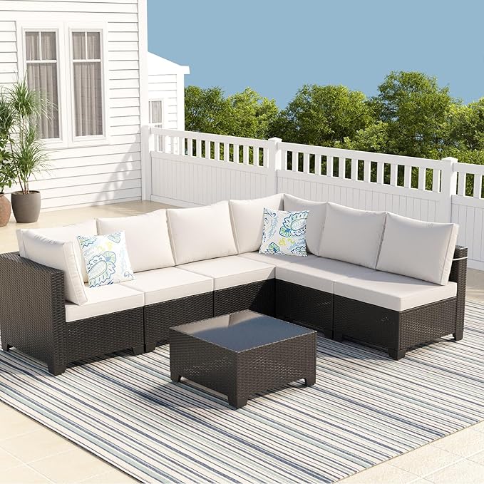Outdoor Wicker Patio Furniture Set, Rattan Sectional Sofa Set with Thick Cushions (Coffee/Beige, 7 Piece Sofa Set) Ophelian