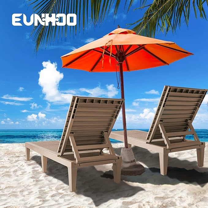 Outdoor Chaise Lounge Set of 2, Adjustable Pool Lounge Chair with 5 Positions Backrest, Waterproof Sun Loungers for Garden Pool Beach Patio Deck Sunbathing EUNHOO