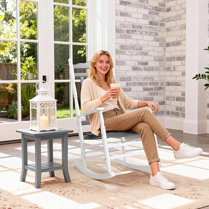 VINGLI Wooden Rocking Chair, Outdoor Chair with 450 lbs Support, Relaxing Rocker with Solid Wood High Back Seat Reclining Seat for Deck, Garden, Backyard, Porch (White & Grey, 2PCS) VINGLI