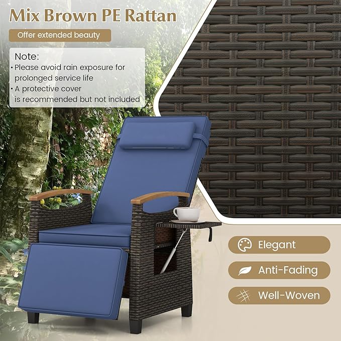 RELAX4LIFE Rattan Outdoor Recliner Chair - Wicker Chaise Lounge Chair w/Adjustable Back & Footrest, Acacia Wood Armrests, Flip Side Table, Cushion, Reclining Patio Chair for Pool Yard (1, Navy) RELAX4LIFE