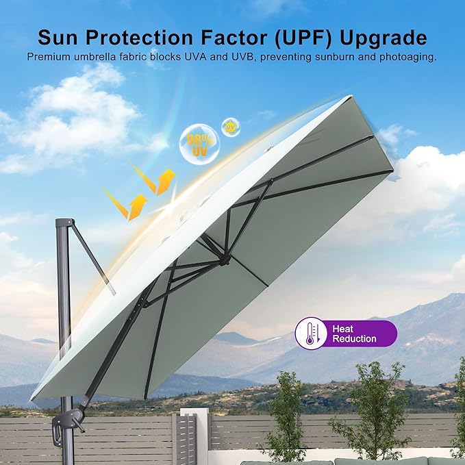 PURPLE LEAF 9' X 11.5' Rectangle Cantilever Umbrella with Base Outdoor Large Aluminum Patio Umbrella with 3-Year Fade Resistance Recycled Fabric and 360-degree Rotation for Deck Pool Garden, Mint Green Rootora